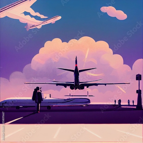 cartoon style airplane takes off at the airport 