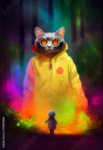 Adorable big eyed cat wearing colorful suit walks in fairy forest 