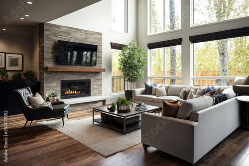 Beautiful living room interior in new luxury home with hardwood floors and fireplace. Several large windows suggest an outdoor view. Generative AI © 2rogan