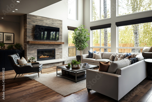 Beautiful living room interior in new luxury home with hardwood floors and fireplace. Several large windows suggest an outdoor view. Generative AI