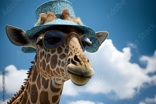 Obraz na płótnie Lustige Giraffe mit Sonnenbrille und Hut - Generative AI