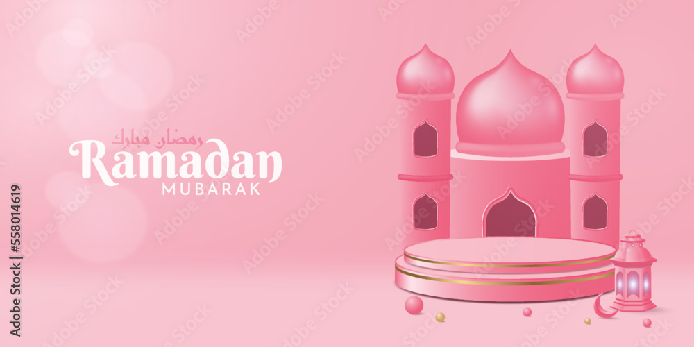 3d Ramadan Mubarak greeting and invitation card. Islamic display decoration. Beautiful islamic realistic template background on peach or pink color. Podium, lantern, moon,mosque.