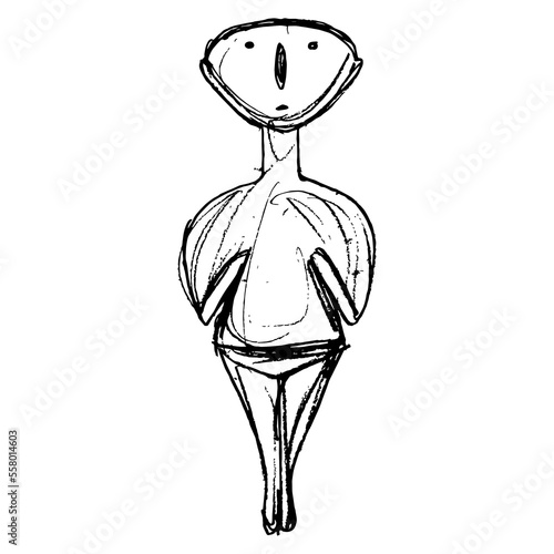 Bronze Age stargazer. Cycladic idol. Female figurine from Anatolia. Goddess sculpture from ancient Turkey. Hand drawn linear doodle rough sketch. Black silhouette on white background.
