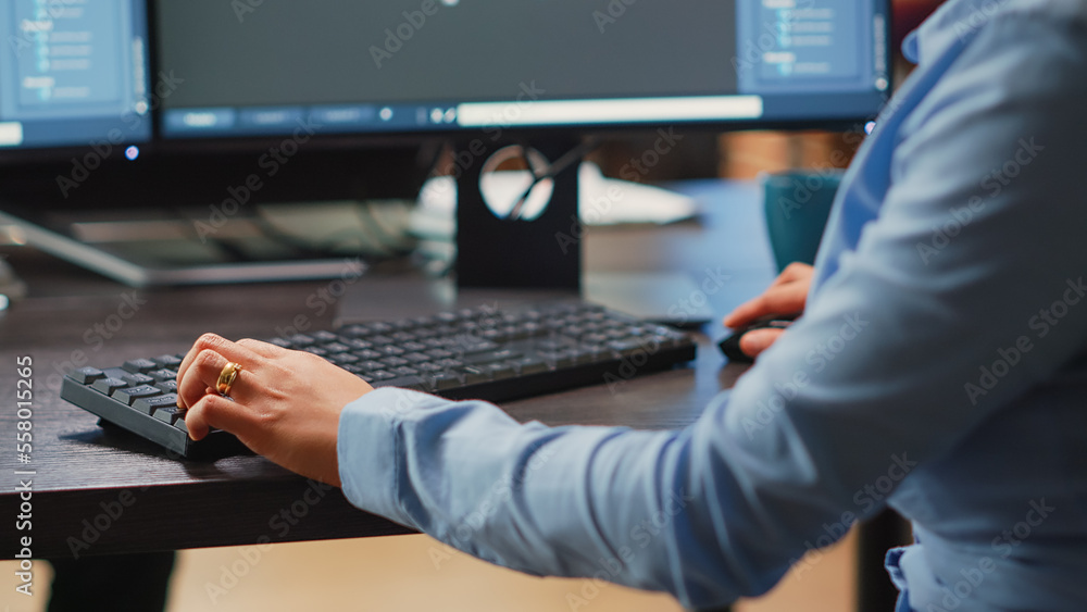 © DC Studio - Female engineer working on computer to create 3d machine component, developing industrial engine product. Office employee usingcad software to manufacture mechanical prototype. Close up.