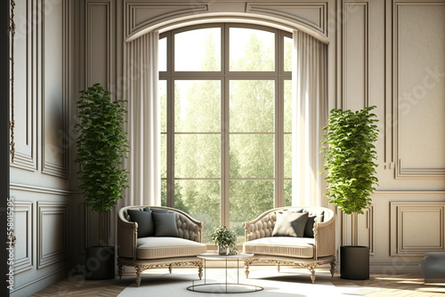 Modern luxury interior background with panoramic windows, a view of the outdoors, plants, and a mock up of a classic panel wall. Living room in beige with huge, traditional white windows. illustration