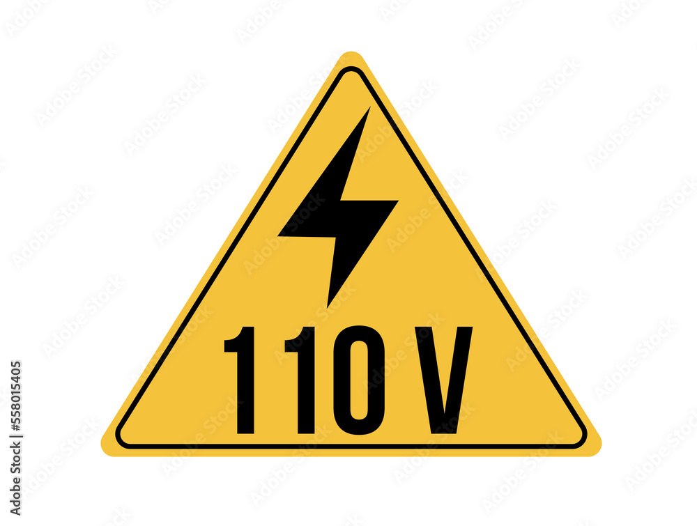 110 volts icon. Yellow board with warning of high voltage and electric shock. Vector isolated on white background 110 volts icon. Yellow board with warning of high voltage and electric shock. Vector isolated on white background