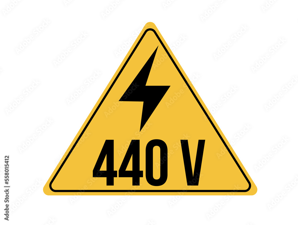 440 volts icon. Yellow board with warning of high voltage and electric shock. Vector isolated on white background 440 volts icon. Yellow board with warning of high voltage and electric shock. Vector isolated on white background
