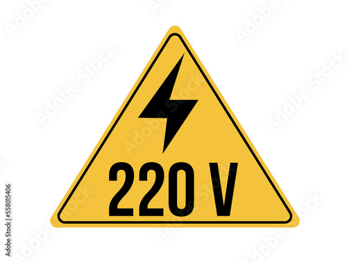 220 volts icon. Yellow board with warning of high voltage and electric shock. Vector isolated on white background