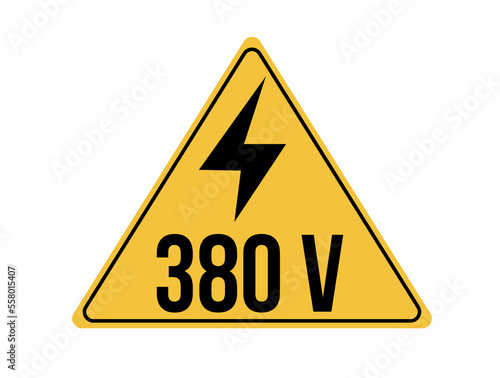 380 volts icon. Yellow board with warning of high voltage and electric shock. Vector isolated on white background