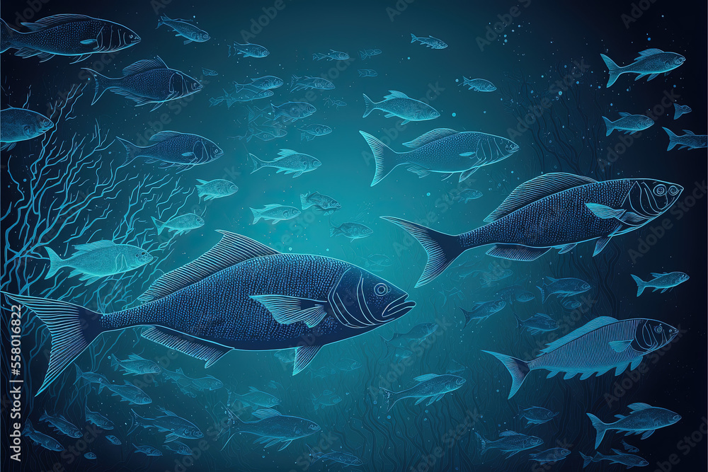 Fish Fishes Blue Background Drawing Outline Line Art Abstract Concept Wallpaper, generative ai Fish Fishes Blue Background Drawing Outline Line Art Abstract Concept Wallpaper, generative ai