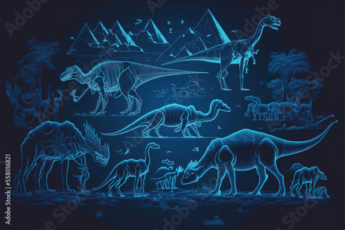 Dinosaurs Jurassic Tyrannosaurus Rex Triceratops Velociraptor Background Drawing Outline Line Art Abstract Concept Wallpaper, generative ai