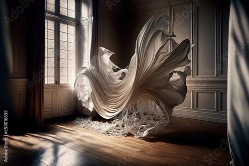The wind causes a white drape to flutter, revealing the wooden floor. Generative AI