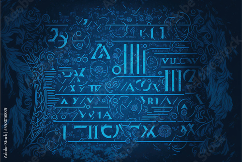 Greek letter ancient code cryptography abstract blue background, illustrative vector, generative ai photo