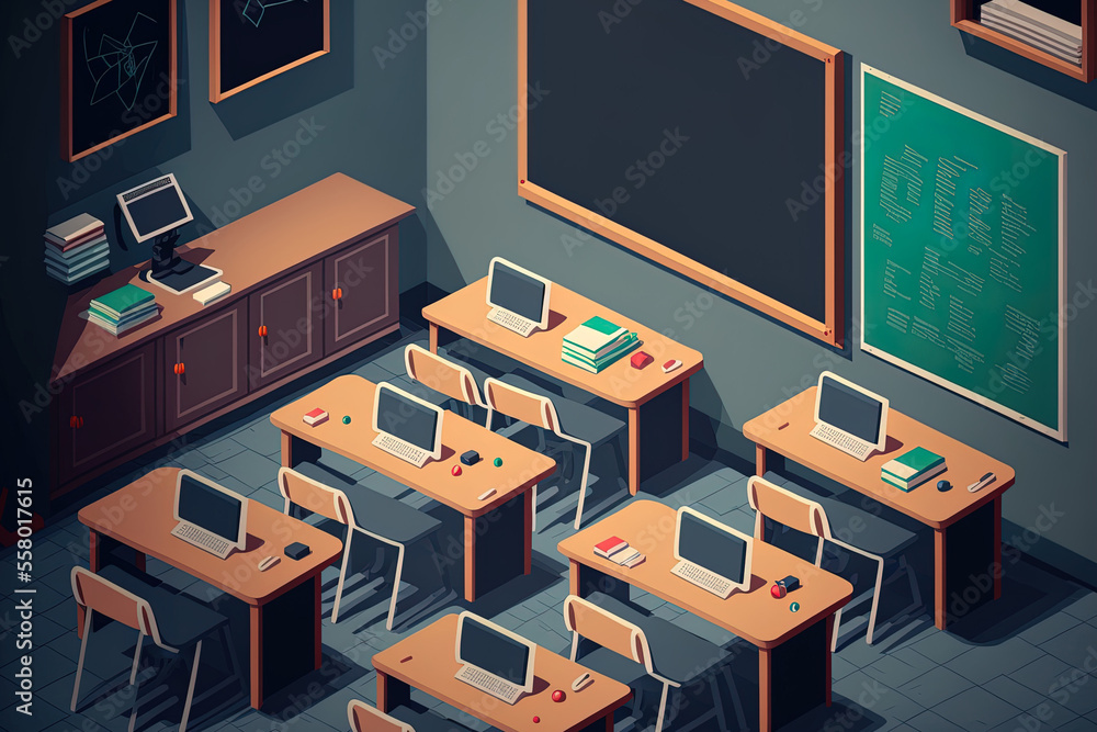 a classroom with desks and seats inside, and a blackboard in the front. digital drawing on a computer. Generative AI