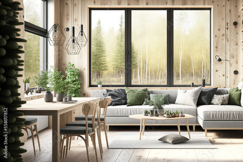 Scandinavian minimalism in interior design. Bright living, dining, and kitchen areas in a studio. Greenery, a huge modular sofa, and panoramic windows are all present. Generative AI © 2rogan