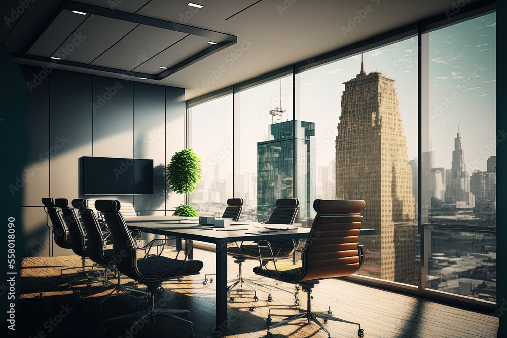 luxury meeting space with daylight and a view of the city. Corporate vision and presentation. Generative AI