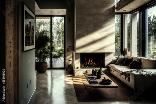 Interior of a cozy contemporary living room in a travertine home. Generative AI
