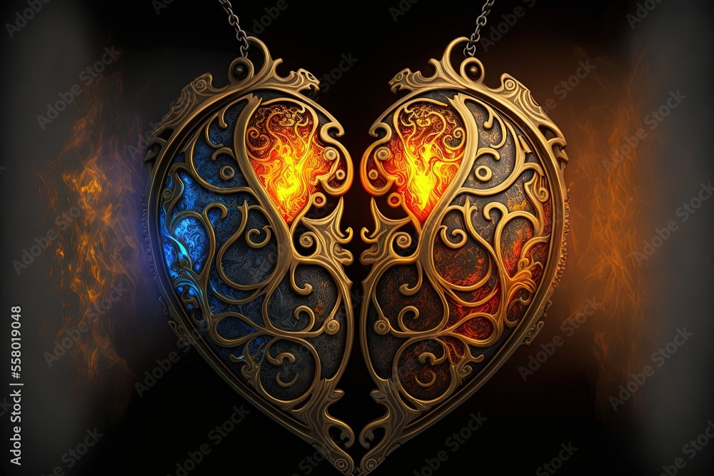 Fototapeta premium Mizpah Couples Necklace for Lovers During Separation, Machine Learning Generated AI Image of a Connected Heart Pendant for Soulmates 