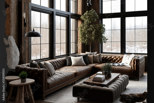 Brown sofas are in a luxurious, large natural, modern, and rustic living room. Generative AI