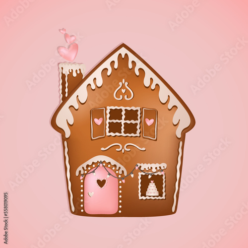 Christmas gingerbread cookie in form of house with decorations elements on pink background