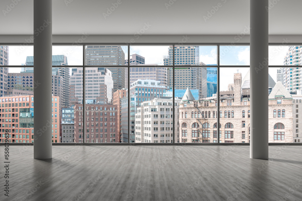 Panoramic picturesque city view of Boston at day time from modern empty room, Massachusetts. An intellectual, technological and political center. 3d rendering. - obrazy, fototapety, plakaty 
