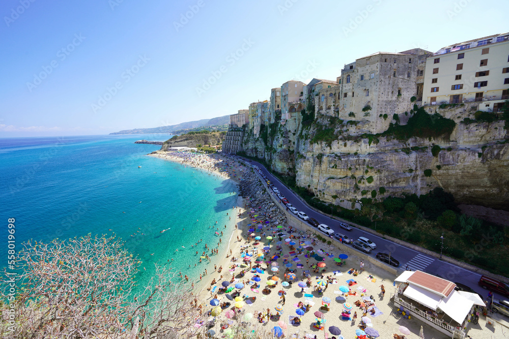 Aerial view of Tropea historic village on sea in Calabria, Italy