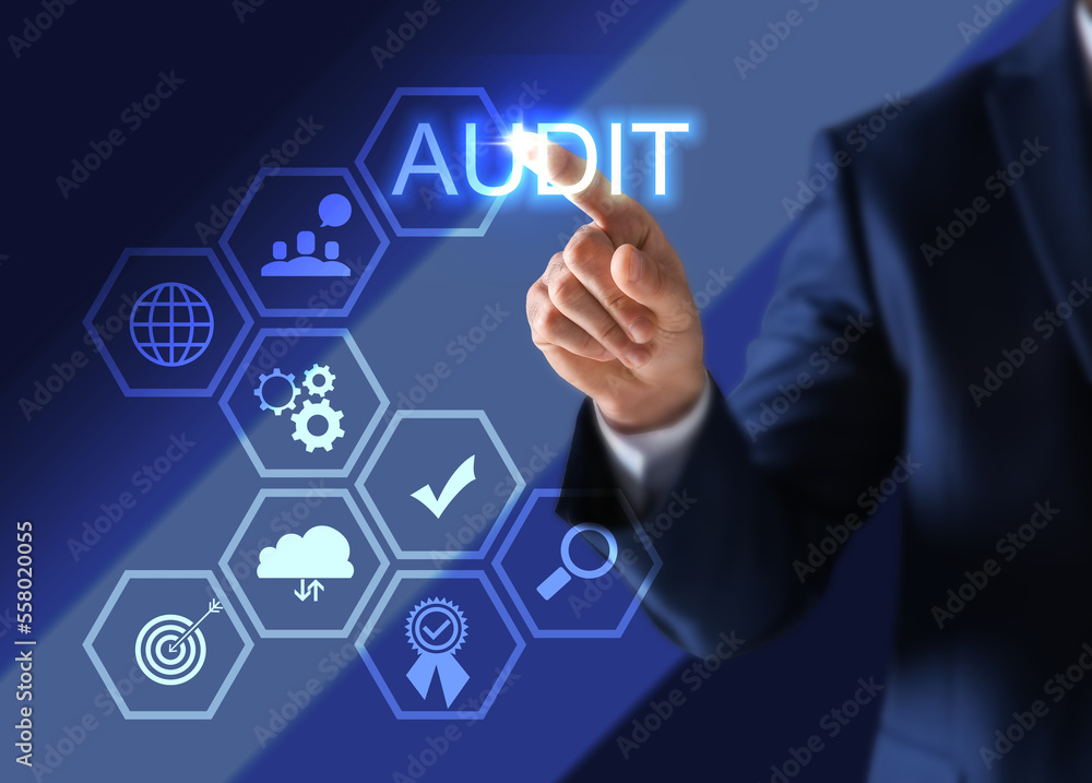 Audit concept. Closeup view of man and different icons on virtual screen Audit concept. Closeup view of man and different icons on virtual screen