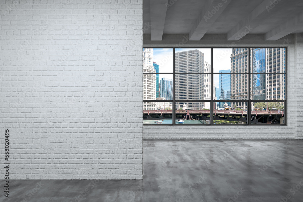 Fototapeta premium Downtown Chicago City Skyline Buildings Window background. Mockup empty copy space wall. Office room Interior Skyscrapers, River walk, bridge, waterfront view. Cityscape. Day. Ad concept. 3d rendering