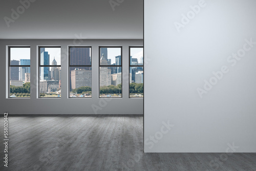 Downtown Chicago City Skyline Buildings Window background. Mock up copy space wall. Empty office room Interior Skyscrapers, View Lake Michigan waterfront. Cityscape. Day time. 3d rendering.
