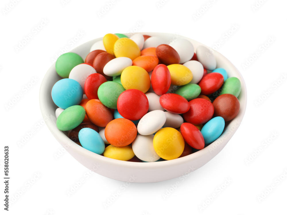 Bowl with colorful candies isolated on white Bowl with colorful candies isolated on white