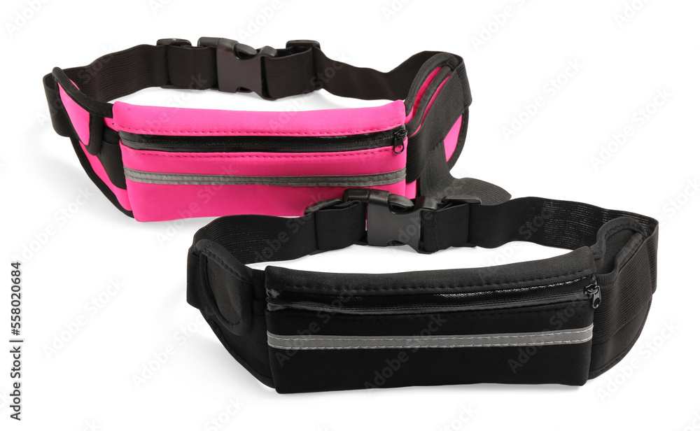 Stylish colorful waist bags isolated on white Stylish colorful waist bags isolated on white
