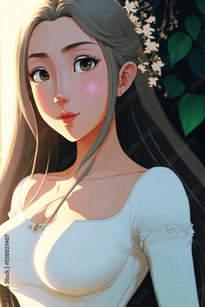 Beautiful anime woman in white dress digital illustration Stock  Illustration | Adobe Stock