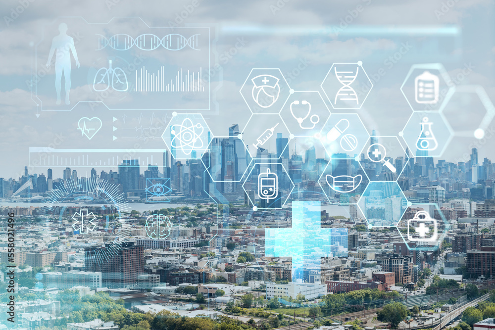 Aerial helicopter view of midtown New York City form Jersey. Financial district and residential neighborhood. Health care digital medicine hologram. The concept of treatment and disease prevention Aerial helicopter view of midtown New York City form Jersey. Financial district and residential neighborhood. Health care digital medicine hologram. The concept of treatment and disease prevention