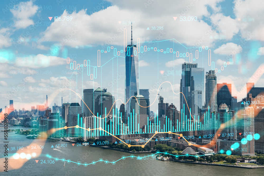 Obraz premium Aerial panoramic helicopter city view of Lower Manhattan and Downtown financial district, New York, USA. Forex graph hologram. The concept of internet trading, brokerage and fundamental analysis
