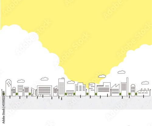 街, 背景, 街並み, 景色, 風景, 建物, 家, 戸建て, 山, ビル, 自然, 雲, 市, 都市, 都会, オフィス, オフィス街, ベクター, イラスト, ライン, 線画, シンプル, おしゃれ