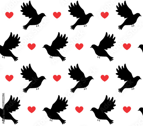 Vector seamless pattern of flat hand drawn pair of love doves silhouette isolated on white background