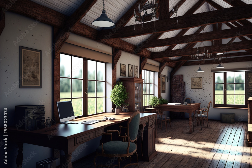 Naklejka premium Country style coworking office interior unfinished project. Generative AI