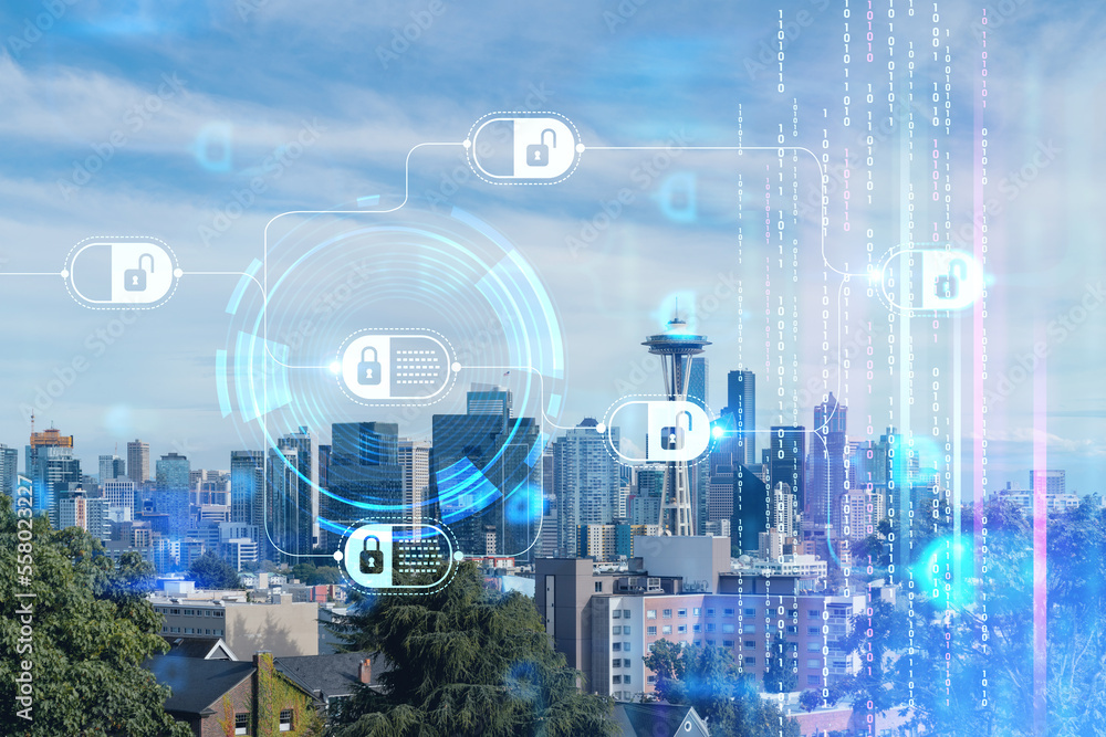 Seattle skyline panorama from Kerry Park. Skyscrapers of financial downtown at day time, Washington, USA. Decentralized economy. Blockchain, cryptography and cryptocurrency concept, hologram Seattle skyline panorama from Kerry Park. Skyscrapers of financial downtown at day time, Washington, USA. Decentralized economy. Blockchain, cryptography and cryptocurrency concept, hologram