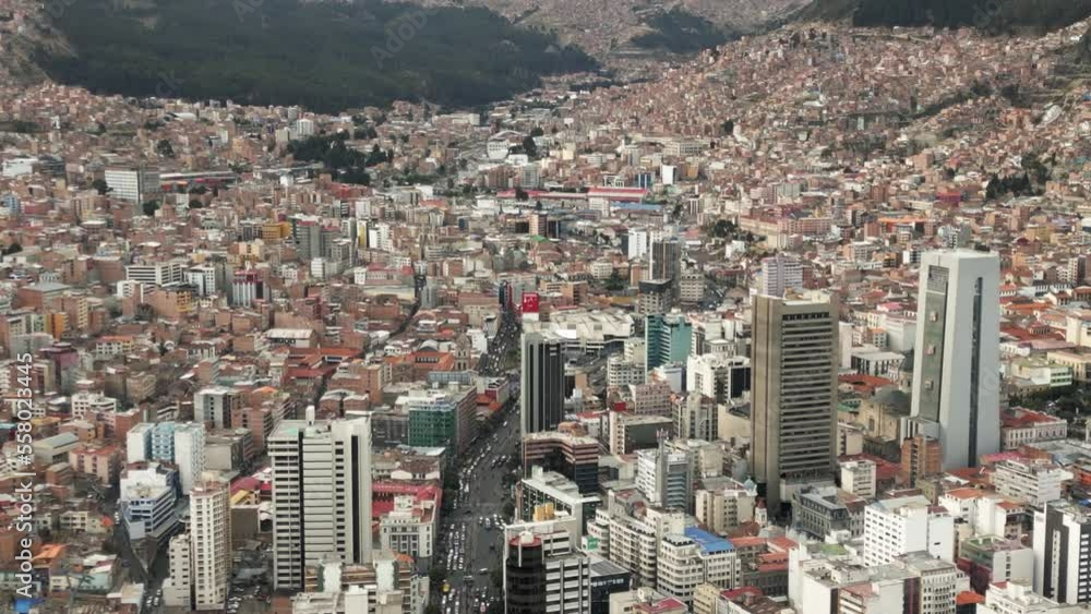 Aerial Drone Above Streets of La Paz, Bolivia, Skyscraper and Red Roof Houses, Crowded Slum Town in South America Aerial Drone Above Streets of La Paz, Bolivia, Skyscraper and Red Roof Houses, Crowded Slum Town in South America