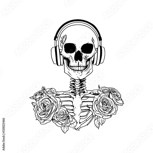 black and white hand drawn skull with flowers and headphone engraving ornament Tattoo and t shirt design