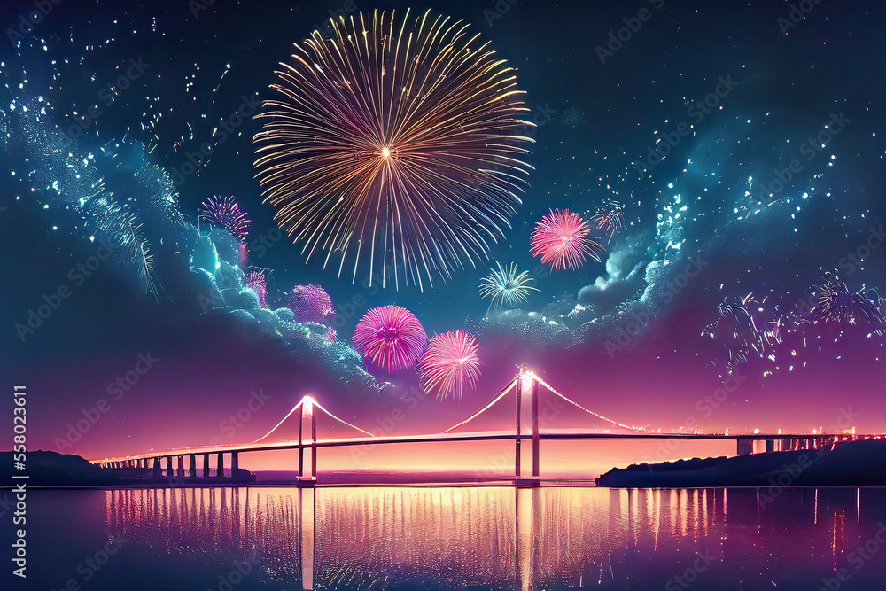 fireworks in the night,fireworks on the sea,bridge in the night