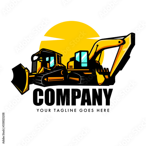 Dozer logo or tractor with excavator vector for construction company. photo