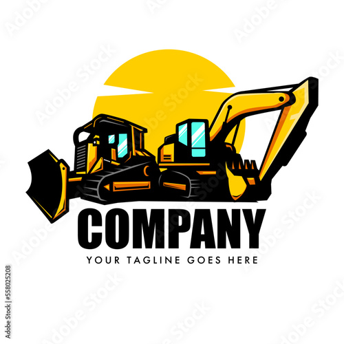 Dozer logo or tractor with excavator vector for construction company.