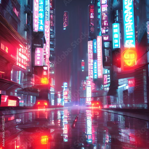 rainy foggy cyberpunk city neo tokyo, cinematic lighting, reflections, hyperrealistic, focused, high details, unreal engine 5, cinematic, octane render, ray tracing, landscape night