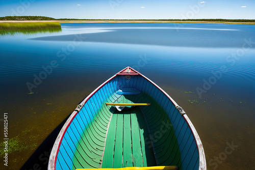 Fotografia View from the top of a colorful rowboat on Little Mill Pond in Chatham, Cape Cod, Massachusetts