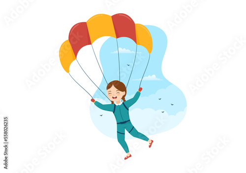 Skydiving Illustration with Kids Skydivers use Parachute and Sky Jump for Outdoor Activities in Flat Extreme Sport Cartoon Hand Drawn Templates