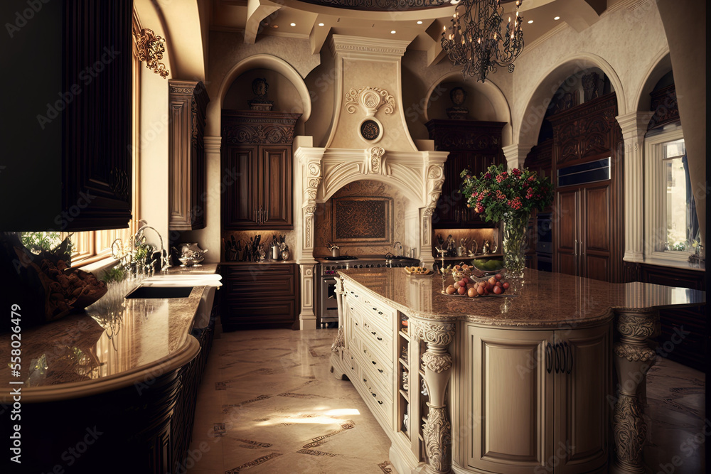 Interior of a stunning kitchen in a mansion of distinction. Generative AI