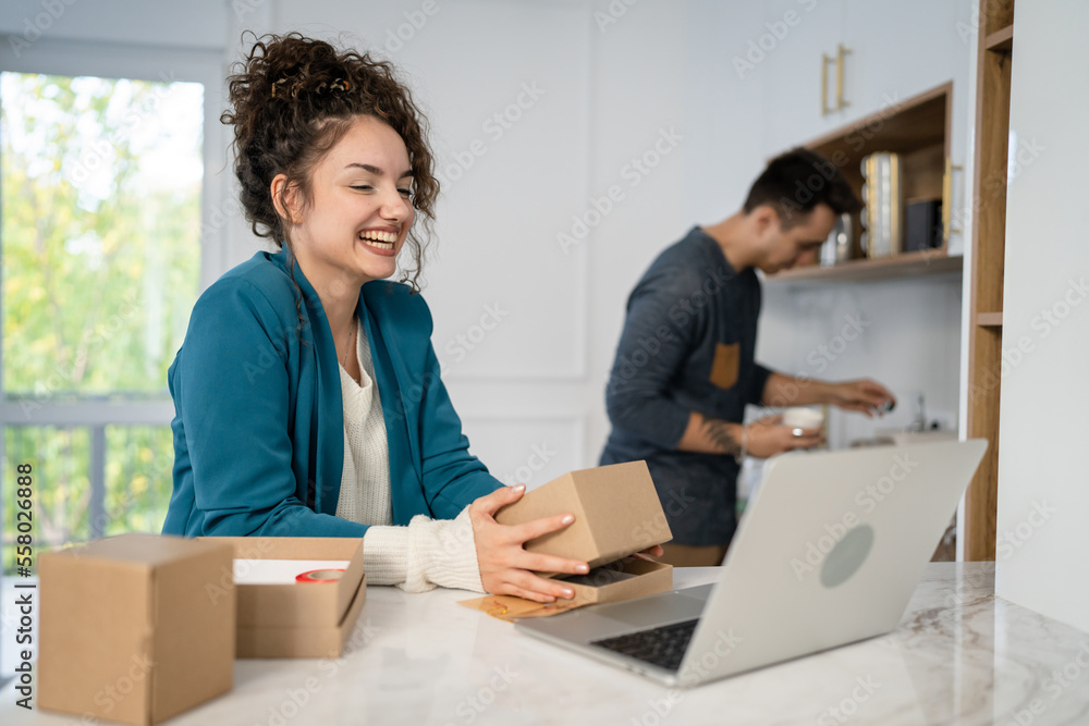 couple woman and man open presents gift during video call online couple woman and man open presents gift during video call online