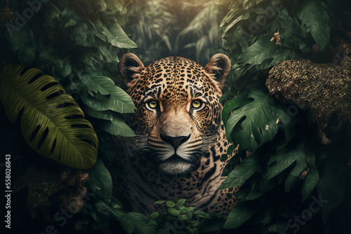 jaguar in jungle leaves painting style made by generative ai