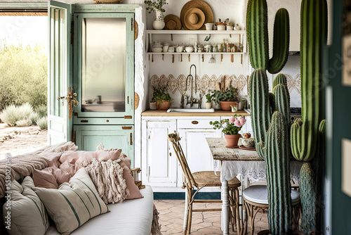 Beautiful springtime photograph of a kitchen's interior in soft hues. The kitchen is open to the living area, which has a beige sofa, an antique white refrigerator, a rustic table, a giant cactus, and photo